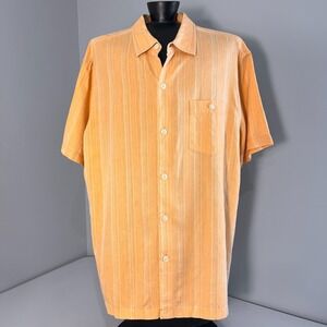 Tommy Bahama 100% Orange Stripe Button Up Shirt Mens L Hawaiian Resortwear Beach